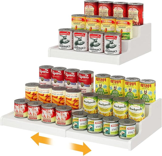 3-Tier Expandable Bamboo Can Organizer for Pantry, Holds 24 Cans, White | Adjustable Can Storage Rack for Kitchen Cabinets, Soda & Canned Goods Holder for Pantry Organization, White (Patent Pending) by NuoyuanShen