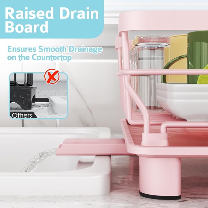 Dish Drying Rack - Space Saving Dish Rack - Dish Racks for Kitchen Counter with Drainboard,Rustproof Dish Drainer with Removable Utensil Holder,Pink - Image 4