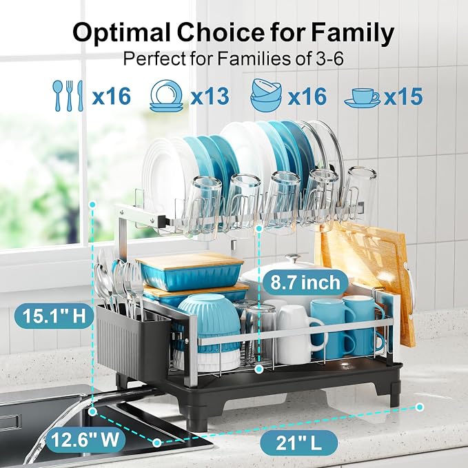 Stainless Steel Dish Drying Rack 2 Tier, Compact Dish Racks for Kitchen Counter with Cutting Board Holder, Auto-Drain Spout, Rust Proof Dish Drainer for Apartment, 21" L x 12.6" W, Silver - Image 2