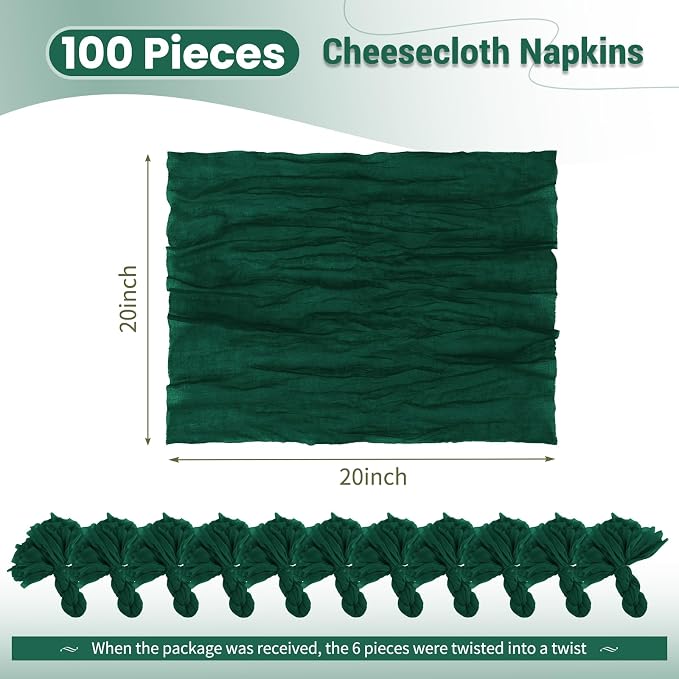 100 Pack Emerald Green Napkins 20x20Inch Cheesecloth Napkins | Elegant Cloth Napkins for Table, Washable Rustic Boho Gauze Napkins, for Wedding Party Bridal Baby Shower Christmas Decor - Image 2