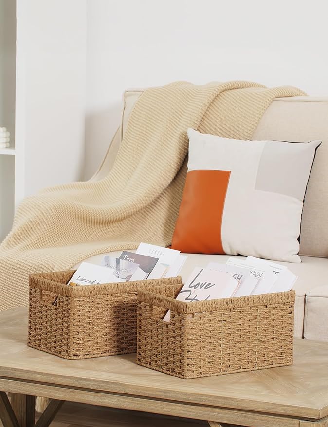 StorageWorks Wicker Storage Baskets for Shelves, Paper Rope Basket, 2-Pack | Rectangular Wicker Storage Baskets, Wicker Basket with Handles, Pantry Organizer and Storage, Woven Baskets,13"L x 8¼"W x 7"H - Image 5