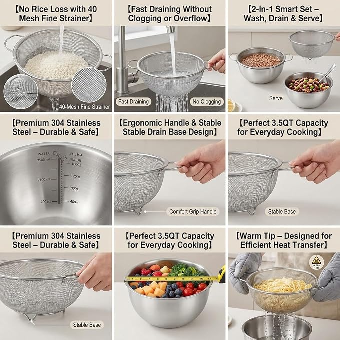 18/8 Stainless Steel Colander with Mixing Bowl, 3.5QT | 1 nesting mixing bowls with measurement marks and 1 fine 30-mesh strainers for rice,vegetables, pasta, baking, and food prep - Image 9