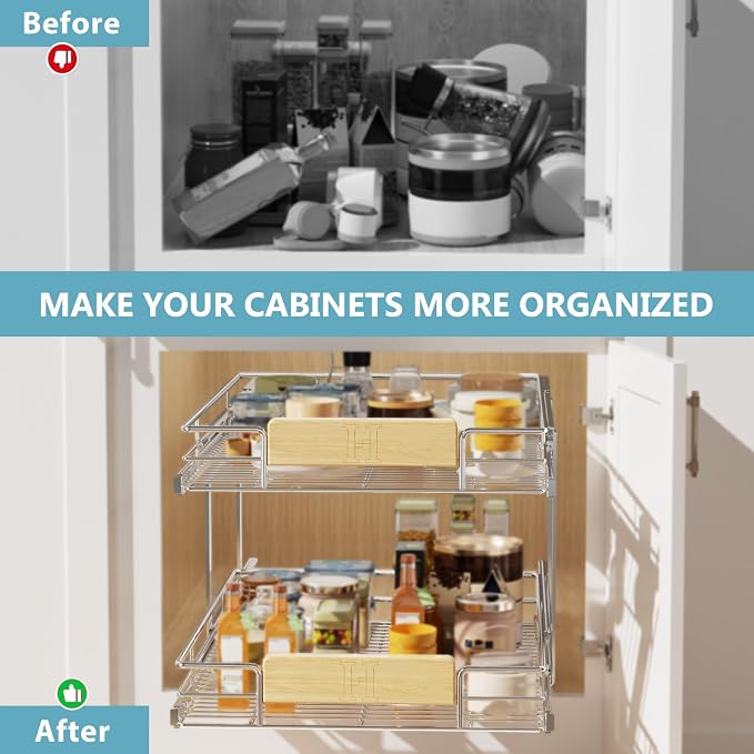 LOVMOR 2 Tier Pull Out Cabinet Organizer 13½" W x 21½" D, Slide Out Drawers with Wooden Handle, Sliding Shelves Organization and Storage for Kitchen, Pantry - Image 7