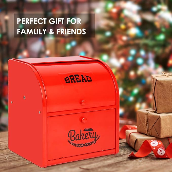Widousy 2 Layer Metal Bread Boxes, Bread Box Storage Bin Kitchen Container with Roll Top Lid Iron Countertop Containers Metal Food Storage Bread Keeper Large Capacity Home Kitchen Counter（Red） - Image 7