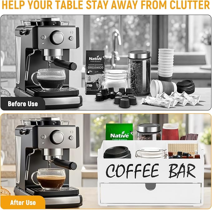 Coffee Bar Accessories Organizer - Countertop Coffee Station with Drawer, Pod Holder & Condiment Organizer，White - Image 5