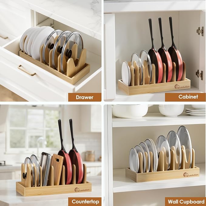 Housolution Bamboo Pot and Pan Lid Organizer Holder Storage Rack | 7 Adjustable Dividers, Upgrade Solid Wooden Base, Easy Assembly - Image 7