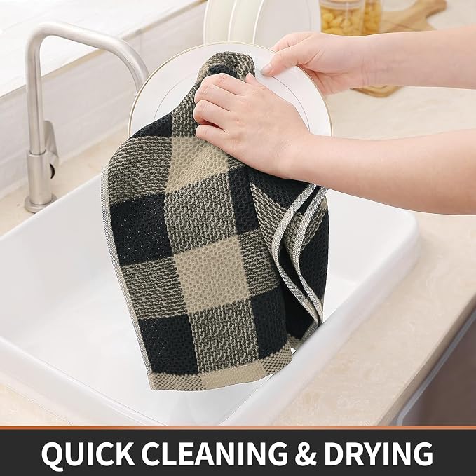 Homaxy Kitchen Towels and Dishcloths Set, Set of 16, Black & Tan | Bulk Cotton Waffle Weave Check Plaid Kitchen Towels, Super Soft and Absorbent Dish Cloths, 12 x 12 and 13 x 28 Inches - Image 5