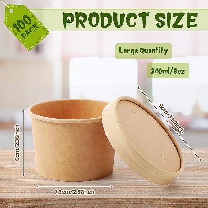 Fulmoon 100 Pack Paper Soup Containers with Lids Disposable Paper Food Containers with Vented Lid Kraft Ice Cream Cake Dessert Cups Soup Bowl for Party Hot Food Fruit Microwave (8 oz,Brown) - Image 2