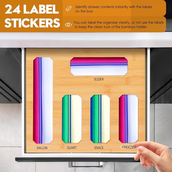 Bamboo Ziplock Bag Organizer for Kitchen Drawer, Food Storage Baggie Holder with 24 Label Stickers, Fits Gallon Quart Sandwich Snack Freezer & Slider Bags, No Assembly, Wall Mount or Drawer - Image 4