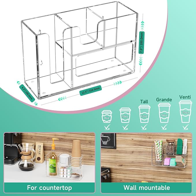 2-Tier Coffee Station Organizer for Countertop, 4 Compartments Clear Acrylic Cup and Lid Holder Tea Condiment Storage Upright Coffee Bar Organizer Pod Dispenser for Office Breakroom Home Kitchen - Image 5