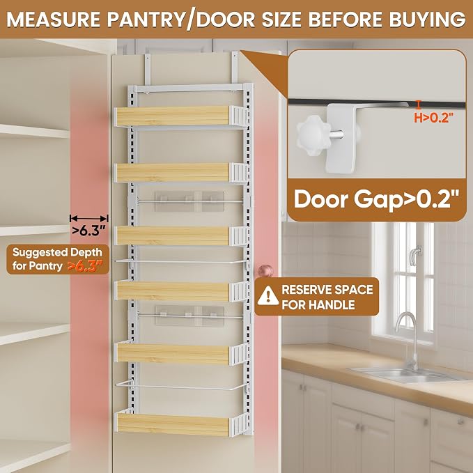 POKIPO 6 Tier Over The Door Pantry Organizer, 2-in-1 Door Hanging or Wall Mounted Spice Rack, Large Heavy Duty Pantry Door Storage Seasoning Shelves with Adjustable Basket for Kitchen Bathroom Closet - Image 2