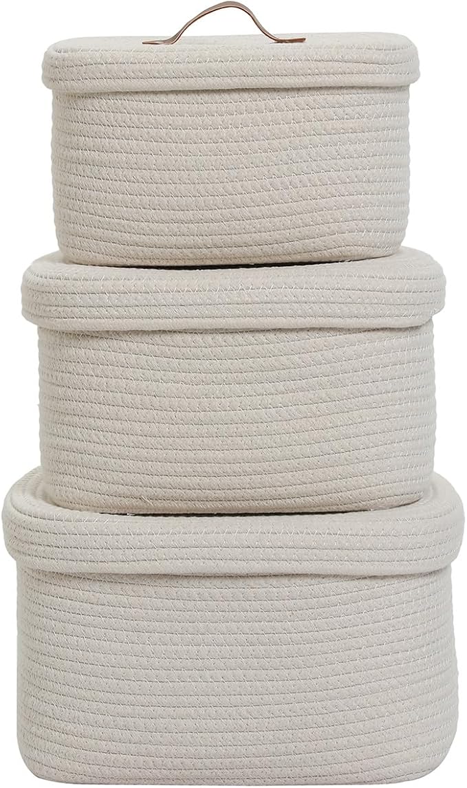 Set of 3 Nesting Woven Storage Baskets with Lids, Cotton Rope Decorative Basket Set for Shelf Closet Living Room Organizing, Rectangular Off White - Image 3