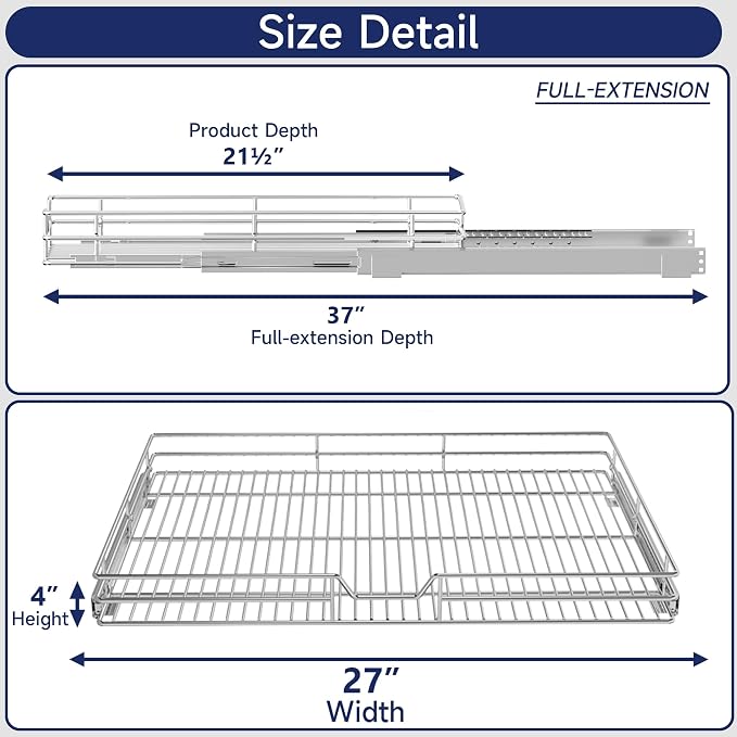 Pull Out Cabinet Organizer, 27" W x 21.5" D, Heavy Duty Chrome Slide Out Shelf for Wide Base Cabinets, Sliding Wire Basket Drawer for Pots, Pans, Appliances & Pantry Storage - Image 2