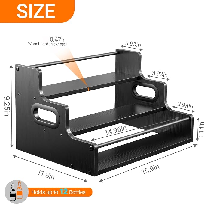 YQBRAO 3-Tier Liquor Bottle Display Shelf, 16-Inch, Black | Holds up to 12 bottles with clear stepped visibility for whiskey, bar carts, compact counters, and home bars. - Image 3