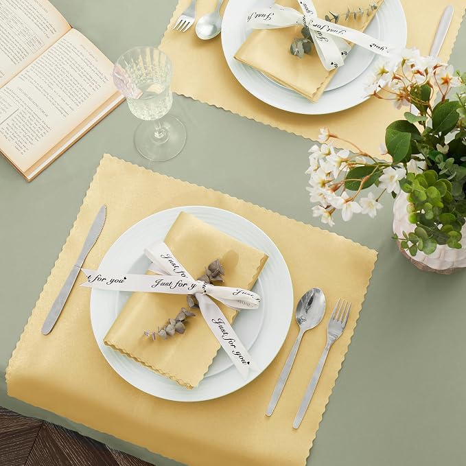 VACVELT 100 Pack Gold Scalloped Satin Napkins 17x17 Inch Wedding | Scalloped Floral Edges With Silky Smooth Finish, Seamless Design, Machine Washable Wrinkle And Fade Resistant - Image 3