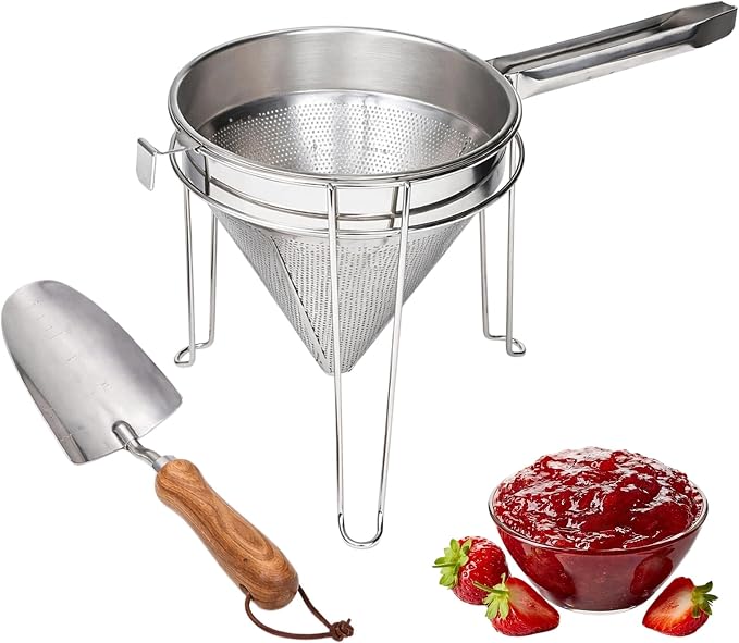 8 inch Stainless Steel Chinois Strainer with Stand, Fine Mesh China Cap Strainer with handle and Pestle for Tomato, Fruit,Soup and Jam Making. by Focusoncastironproducts