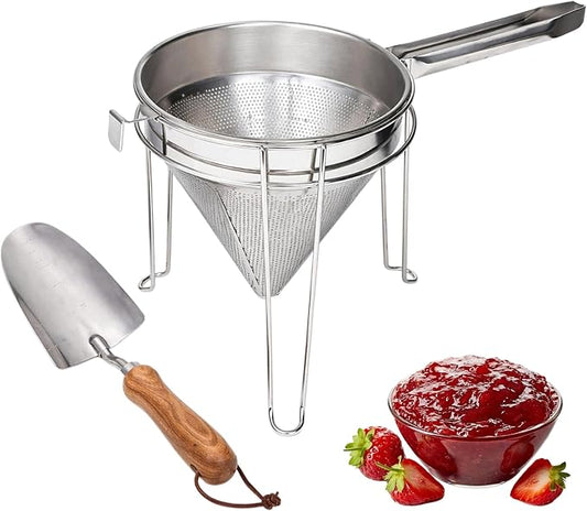 8 inch Stainless Steel Chinois Strainer with Stand, Fine Mesh China Cap Strainer with handle and Pestle for Tomato, Fruit,Soup and Jam Making. by Focusoncastironproducts