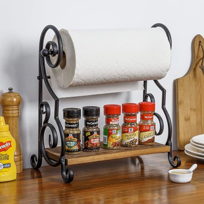 MyGift Black Metal Countertop Paper Towel Holder with Rustic Solid Burnt Wood Storage Shelf and Scrollwork Design, Easy Refill Single Roll Holder - Image 2
