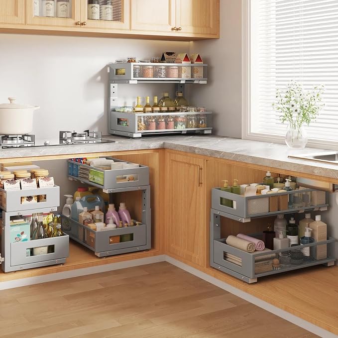 1 Pack 17IN Depth Under Sink Organizer, 2-Tier Pull Out Cabinet Organizer With Smooth Circular Rail, Large Capacity Metal Mesh Sliding Drawers For Bathroom& Kitchen Storage,Height Adjustable-Gun Gray - Image 6