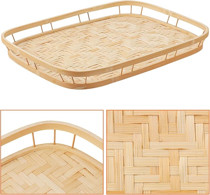4 Pack Rectangular Bamboo Wicker Woven Tray with Handle, Bamboo Wicker Serving Trays for Eating, Kitchen, Table, Party - Image 3