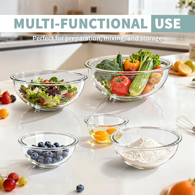 Luvan Glass Mixing Bowl with Lids Set of 5(0.2QT, 0.5QT, 1.1QT, 2.1QT, 3.75 QT), Space-Saving Nesting Bowls Anti-slip Salad Bowls for Storage, Cooking, Microwave,Freezer,Oven and Dishwasher Safe - Image 4
