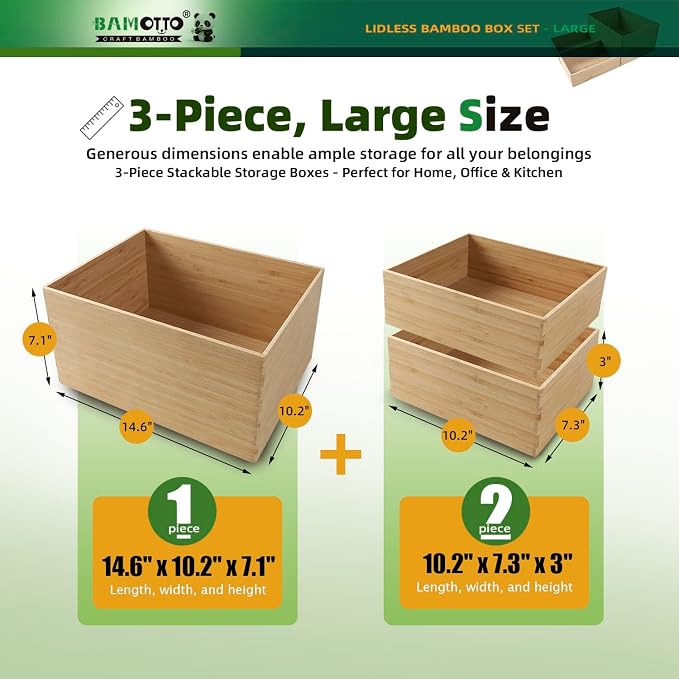 BAMOTTO CRAFTBAMBOO 3-Piece Bamboo Storage Box Set Stackable Organizer | Large 14.6"x10.2"x7.1" + 2x Small 10.2"x7.3"x3" | Open-Top | Deep-Drawer Bin for Kitchen Cutlery Utensils Knives - Image 2