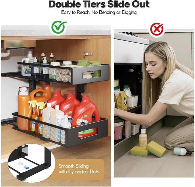 2 Packs 19IN Depth Under Sink Organizer, 2-Tier Pull Out Cabinet Organizer With Smooth Circular Rail, Large Capacity Metal Mesh Sliding Drawers For Bathroom& Kitchen Storage,Height Adjustable –Black - Image 7