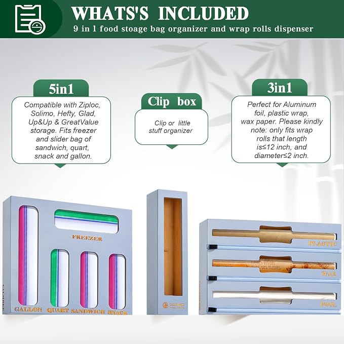 Calmbee 9 in 1 Bamboo Storage Bag Organizer for Kitchen Drawer – Plastic Wrap Dispenser with Cutter & Foil Organizer, Wooden Baggie Organizer for Sandwich, Snack, Gallon, Quart Sizes, Grey - Image 3