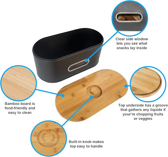 SOTECH Breadbox Bin with Bamboo Lid&Window Modern Metal Box Bread Storage Container for Kitchen Counter Vintage Kitchen Black bread box - Image 4