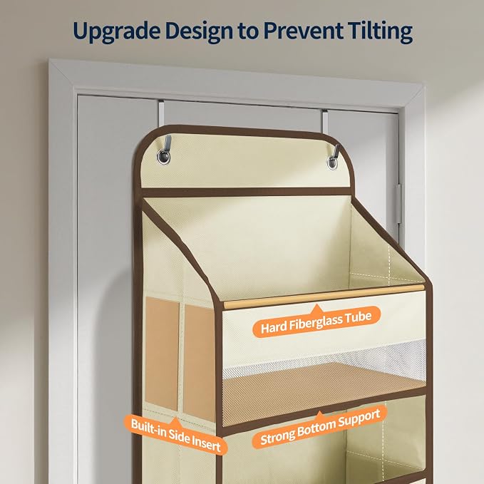 Yecaye Over The Door Organizer Storage, 5-Tier Heavy Duty Door Organizers Hanging with 10 Side Mesh Pockets, 44 lbs Load Capacity Behind Door Storage for Bathroom Nursery Bedroom Dorm Closet,Beige,1Pc - Image 5