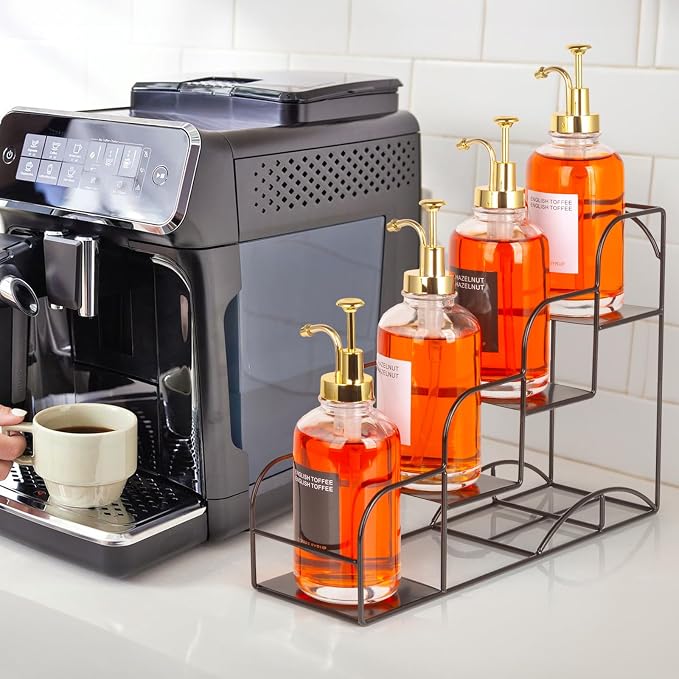Syrup Rack for Coffee Bar Accessories, Iron 4 Compartment Bottle Organizer, Countertop Display Storage Shelf Bottle Stand, Metal Coffee Bar Organizer for Wine, Kitchen, Holds 4 Bottles - Image 2