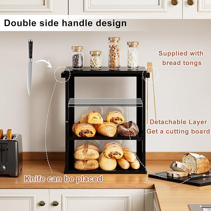 WOWLIVE Bread Box for Kitchen Countertop, 3 Layers Bread Storage Container | Large Bamboo Bread Bin for Homemade Bread with Window, Farmhouse Breadbox Organizer for Kitchen, Cabinet, Black, Extra Large - Image 5
