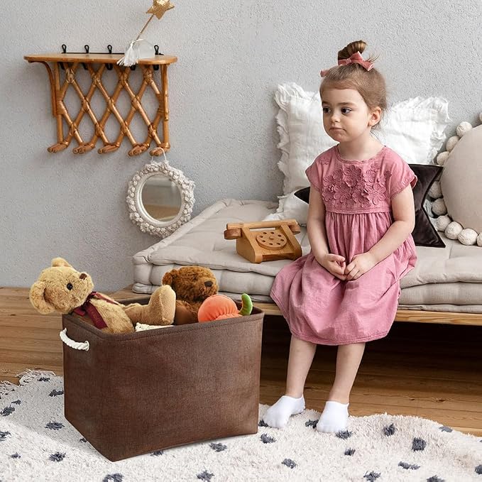 Organization and Storage Basket for Shelves - 3 Pack 16x12x12 inch Fabric Storage Cubes, Cube Storage Bin for Organizing Closet Cloth Organizer Gift Toy (White & Brown) - Image 4