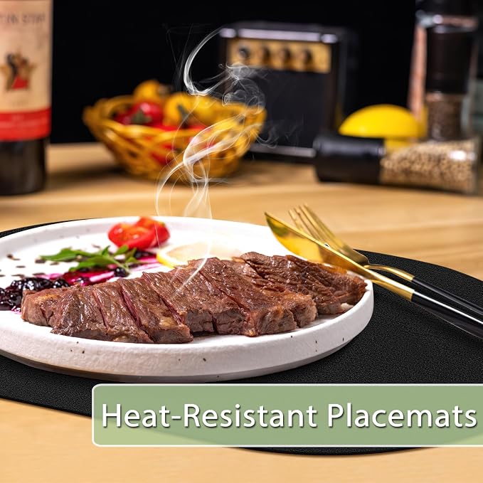 Placemats Set of 12 Washable, Heat Resistant Table Placemats Wipeable Faux Leather Oval Place Mats Non Slip, Waterproof Oval Table Mats for Indoor Outdoor, Black - Image 2