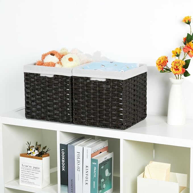 Bidtakay Wicker Cube Baskets with Liners 11 inch 2 Pack Waterproof Imitation Hand-Woven Wicker Storage Baskets for Shelves and Organizing Pantry and Bedroom Blackish-tan - Image 3