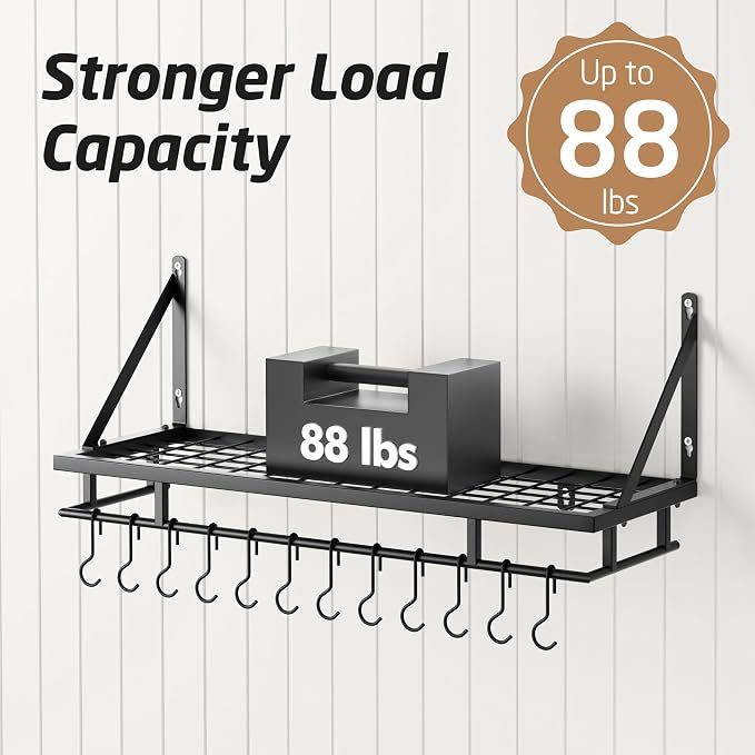 KES 30-Inch Kitchen Pan Pot Rack Wall Mounted, Hanging Storage Organizer | 88 Lbs Capacity, Wall Shelf with 12 Sturdy Hooks, 16-Inch Stud Mount, Matte Black, KUR215S75A-BK - Image 3