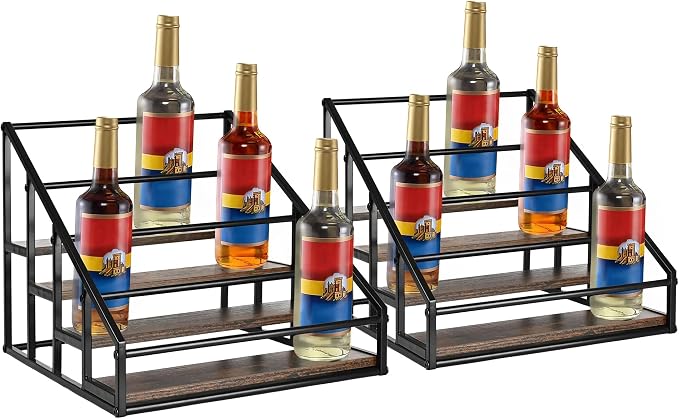YQBRAO 2-Pack 4-Tier Coffee Syrup Organizer, 32-Bottle Total, Brown | Two racks hold up to 32 bottles total with stepped visibility for large coffee bars, kitchens, and beverage stations. by Unknown