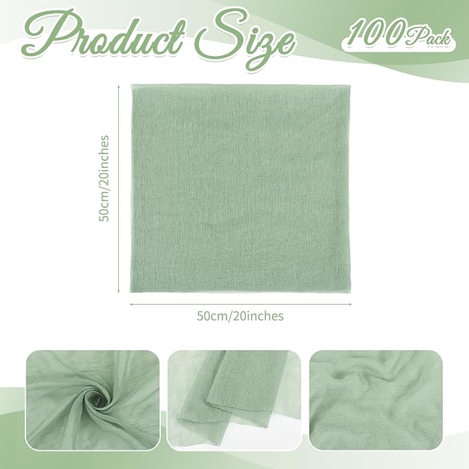 Sage Green Cheesecloth Napkins - Bulk Set of 100, 20x20 Inch Washable and Reusable Boho Cotton Gauze Cloth Napkins for Weddings, Bridal Girl Baby Shower, Party and Banquet - Image 2