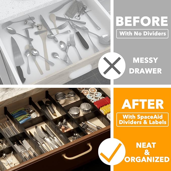 SpaceAid Bamboo Drawer Dividers with Inserts and Labels, Kitchen Adjustable Drawer Organizers, Expandable Organization for Home, Office, Dressers, 10 Dividers with 24 Inserts (17"-22" Black) - Image 2