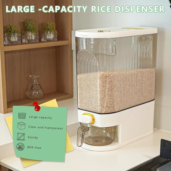 Rice Storage Container 10kg, Clear Food Grain Dispenser with Date Dial & Measuring Cup, Space-Saving Organizer for Rice, Cereal, Pet Food, Pasta - Image 4
