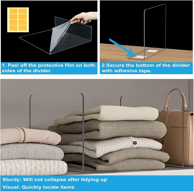 OKPOW Shelf Dividers Closet Organizer - 7.5" Tall X 11.8" Deep Acrylic Clear Sturdy Separate for Clothes Purse - Adjustable Space Saver Easy Install for Home Organization Enthusiasts 4 Pack - Image 4