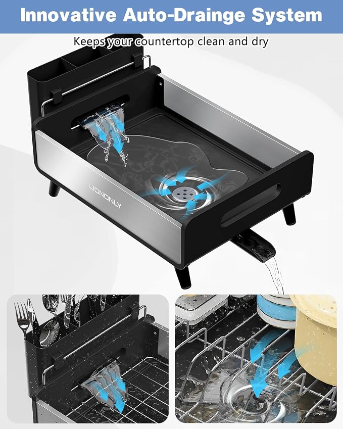 Dish Drying Rack, Thicker Premium Aluminum Frame and 304 Stainless Steel Plate Rack for Kitchen Counter, Automatic Drainage Spout, Dish Drainer & Drainboard Set with Utensil Holder, Black - Image 2
