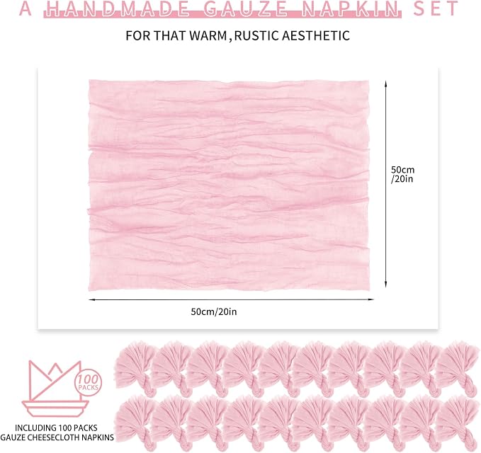 Teruntrue 100 Pack Light Pink Cloth Napkins Cheesecloth Napkins Set of 100 Gauze Napkins Bulk Washable Boho Dinner Table Napkins Wedding Party Baby Shower Birthday Party Decorations，20 x 20 Inch - Image 2