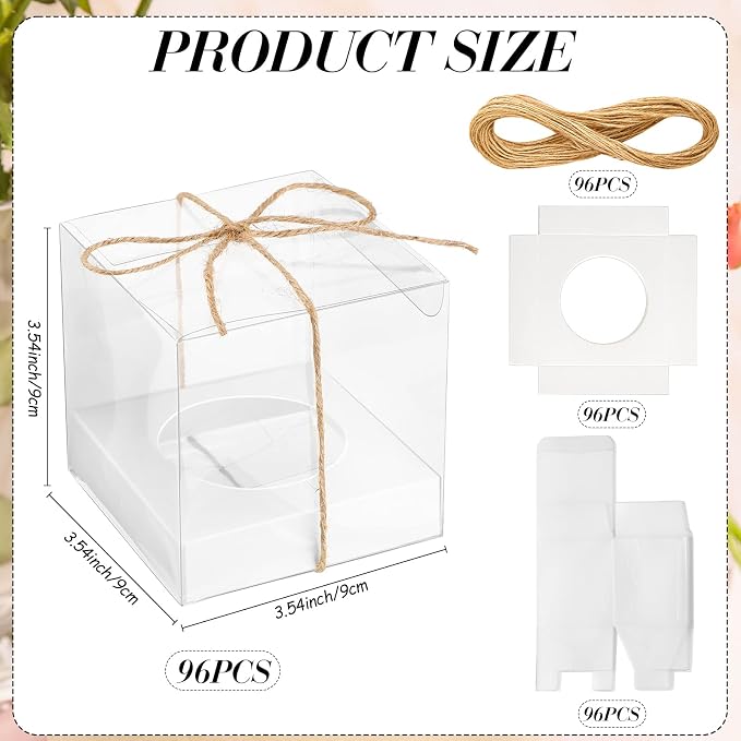 96 Pieces Individual Cupcake Boxes Single Cupcake Container Clear Cupcake Carrier Plastic Cupcake Storage Cupcake Holder with Ribbon and Insert for Wedding Birthday Party Favor, 3.5 x 3.5 x 3.5(White) - Image 2