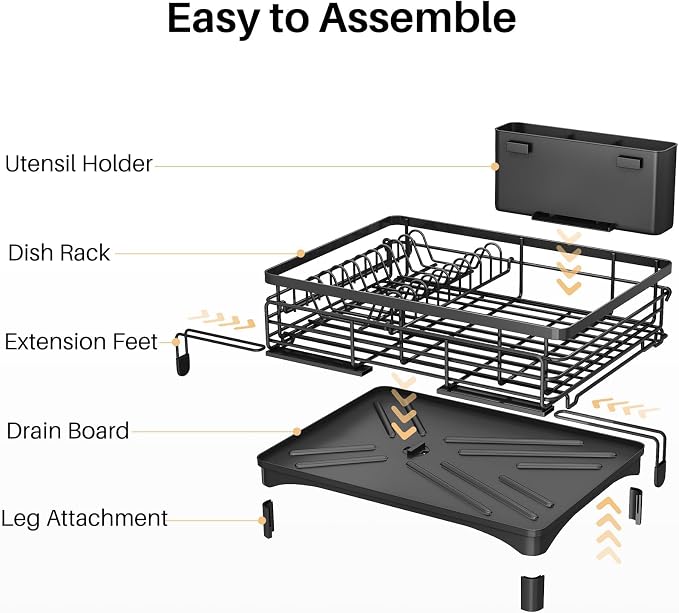 Dish Drying Rack, Extendable Dish Rack, Large Sink Drying Dish Drainer for Kitchen Counter, Carbon Steel Dish Strainer with Utensil Holder,Black - Image 6