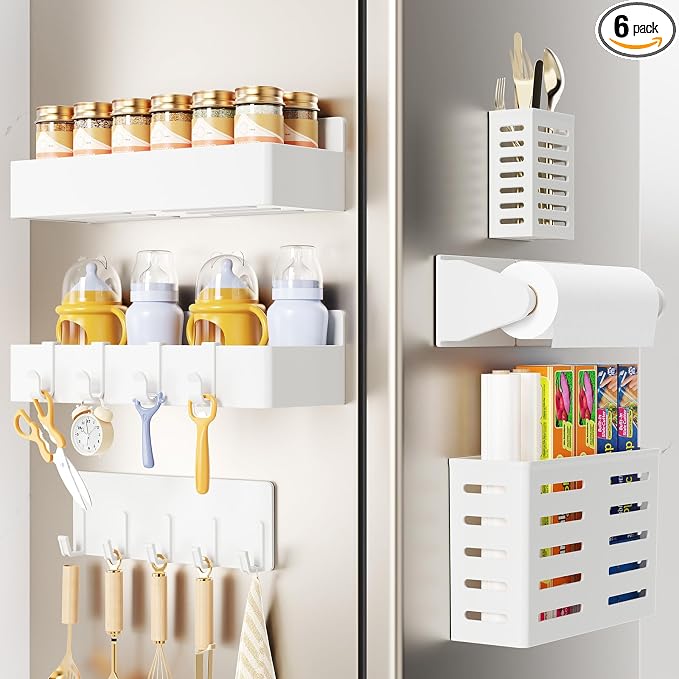 Magnetic Spice Rack for Refrigerator,6 Pack Magnetic Shelf,Fridge Magnet Organizer with Paper Towel Holder,Utensils Racks,Hook Rack,Deepened Basket,Fridge Organizers and Storage White(6 Pack) by Mystozer