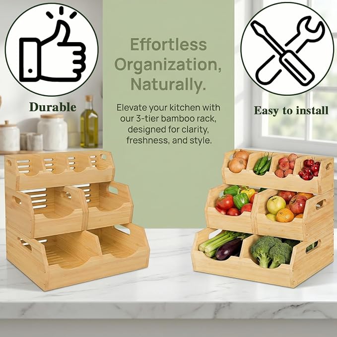 3 Tier Potato and Onion Storage Bin for Pantry | Natural Bamboo Rack Top and Hollow Ventilated Bottom,Eco-Friendly Organizer for Kitchen or Bathroom - Image 6