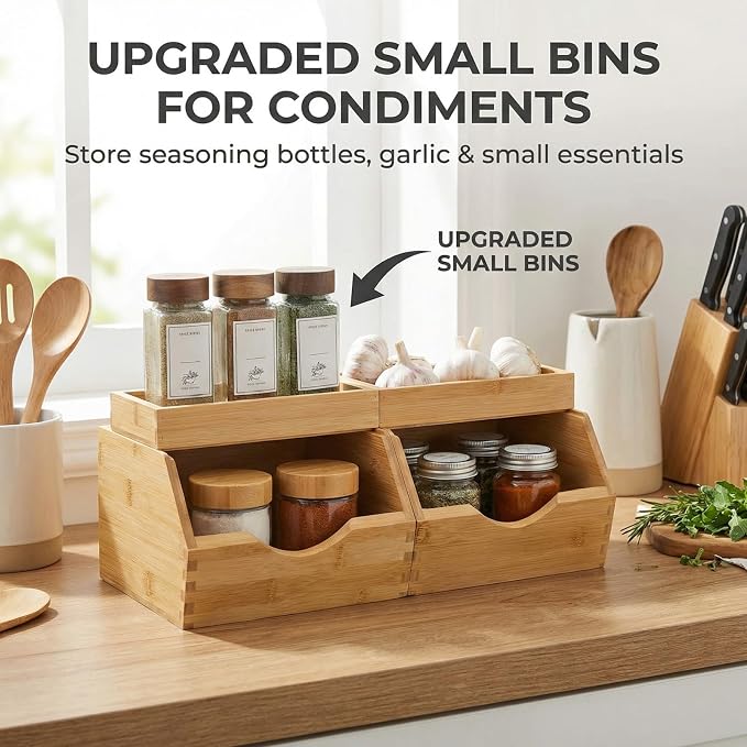 Bamboo Pantry Storage Bins Set 5 Pieces - Stackable Baskets, Potato and Onion Storage, Bamboo Wood Storage Bins for Pantry Baskets Organization and Storage, Kitchen Essential - Image 2