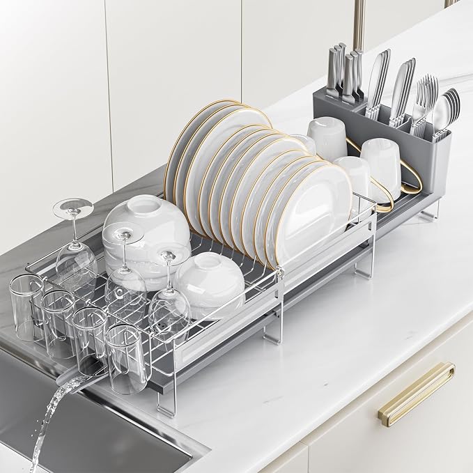 Stainless Steel Dish Drying Rack - Expandable Dish Racks for Kitchen Counter Organizer with Drain Board, Detachable Utensil & Cup Holder, Dish Drainer for Small Kitchen Counter, Grey by Pantasia