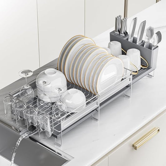 Stainless Steel Dish Drying Rack - Expandable Dish Racks for Kitchen Counter Organizer with Drain Board, Detachable Utensil & Cup Holder, Dish Drainer for Small Kitchen Counter, Grey by Pantasia